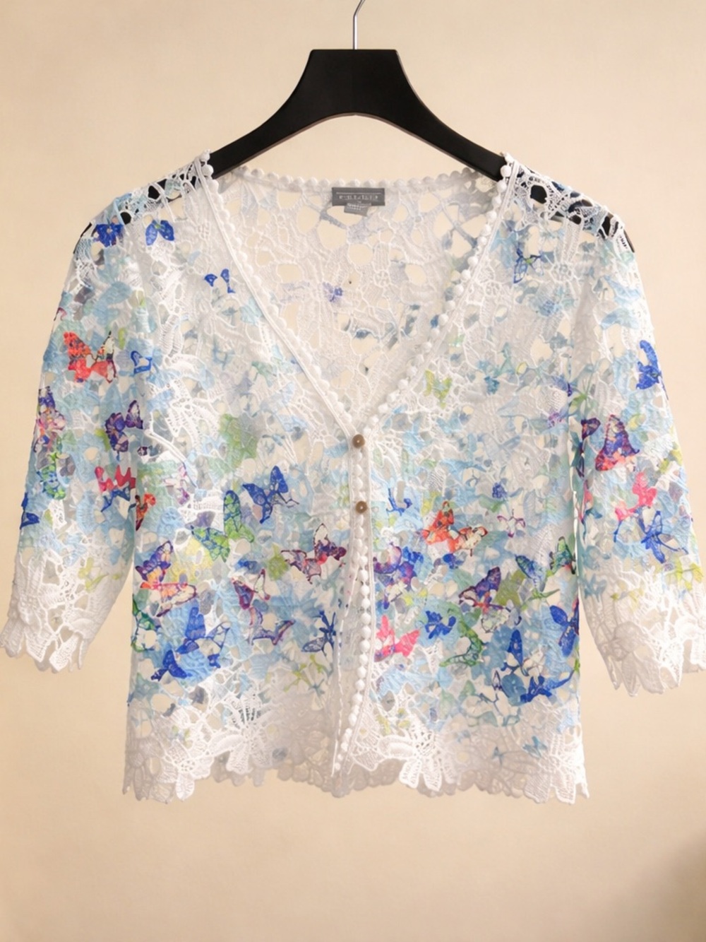 Lace Butterfly Button-Vest -White Multicolor